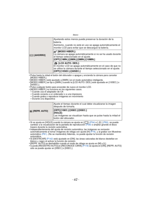 Page 62Básico
- 62 -
•Pulse hasta la mitad el botón del obturador o apague y encienda la cámara para cancelar 
[MODO HIBER.].
•[MODO HIBER.] está ajustado a [5MIN.] en el modo automático inteligente.•[MODO HIBER.] se fija a [2MIN.] cuando la [LCD AUTO. DES.] esté ajustada en [15SEC.] o 
[30SEC.].
•Pulse cualquier botón para encender de nuevo el monitor LCD.•[MODO HIBER.] no funciona en los siguientes casos.–Cuando usa el adaptador de CA–Cuando conecta a un ordenador o a una impresora–Cuando graba o reproduce...