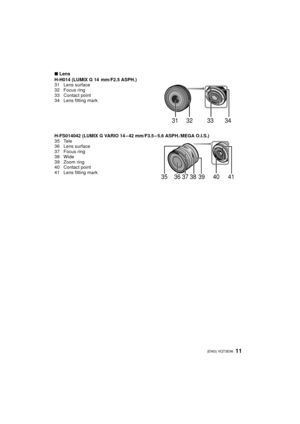 Page 1111 (ENG) VQT3E96
∫Lens
H-H014 (LUMIX G 14 mm/F2.5 ASPH.)
31 Lens surface
32 Focus ring
33 Contact point
34 Lens fitting mark
H-FS014042 (LUMIX G VARIO 14 – 42 mm/F3.5 – 5.6 ASPH./MEGA O.I.S.)
35 Tele
36 Lens surface
37 Focus ring
38 Wide
39 Zoom ring
40 Contact point
41 Lens fitting mark
33 34
32
31
35 36 37 38 39 40 41
DMC-GF2PP-VQT3E96_eng.book  11 ページ  ２０１０年１１月１８日　木曜日　午前９時５２分 
