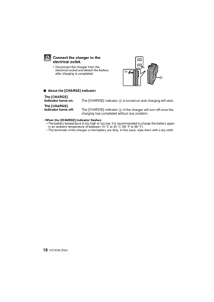 Page 18VQT3E96 (ENG) 18
∫ About the [CHARGE] indicator
•
When the [CHARGE] indicator flashes–The battery temperature is too high or too low. It is recommended to charge the battery again 
in an ambient temperature of between 10 oC to 30 oC (50 oF to 86 oF).
–The terminals of the charger or the battery are dirty. In this case, wipe them with a dry cloth.
Connect the charger to the 
electrical outlet.
•Disconnect the charger from the 
electrical socket and detach the battery 
after charging is completed.
The...