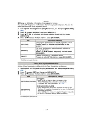 Page 119- 119 -
Recording
∫Change or delete the information for a registered person
You can modify the pictures or information  of an already registered person. You can also 
delete the information of the registered person.
1Select [FACE RECOG.] from the [REC] Mode menu, and then press [MENU/SET]. 
(P57)
2Press  4 to select [MEMORY] and press [MENU/SET].3Press  3/4 /2 /1 to select the face image to edit or delete and then press 
[MENU/SET].
4Press  3/4  to select the item and then press [MENU/SET].
•
Exit the...