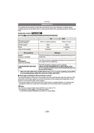 Page 126Recording
- 126 -
This allows the sensitivity to light (ISO sensitivity) to be set. Setting to a higher figure 
enables pictures to be taken even in dark plac es without the resulting pictures coming out 
dark.
Applicable modes: 
[AUTO]/[ ]/[160]/[200]/[400]/[800]/[1600]/[3200]/[6400]
¢ When the [ISO LIMIT SET] of [REC] Mode menu  (P127) is set to anything except [OFF], 
it is set automatically within the value set in [ISO LIMIT SET].
∫ About [ ] (Intelligent ISO sensitivity control)
The camera detects...