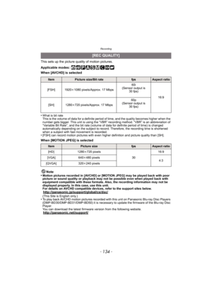 Page 134Recording
- 134 -
This sets up the picture quality of motion pictures.
Applicable modes: 
When [AVCHD] is selected
•
What is bit rate
This is the volume of data for a definite period of time, and the quality becomes higher when the 
number gets bigger. This unit is using the “VBR” recording method. “VBR” is an abbreviation of 
“Variable Bit Rate”, and the bit rate (volume of data for definite period of time) is changed 
automatically depending on the subject to record. Therefore, the recording time is...