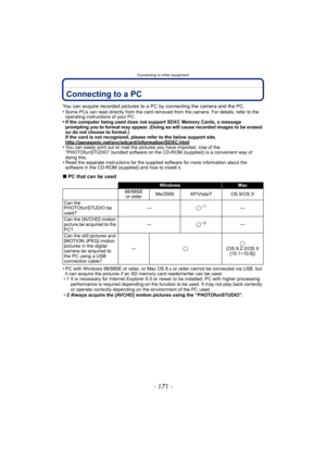 Page 171- 171 -
Connecting to other equipment
Connecting to a PC
You can acquire recorded pictures to a PC by connecting the camera and the PC.
•Some PCs can read directly from the card removed from the camera. For details, refer to the 
operating instructions of your PC.
•If the computer being used does not support SDXC Memory Cards, a message 
prompting you to format may appear. (Doing so will cause recorded images to be erased 
so do not choose to format.)
If the card is not recognized, please refer to the...