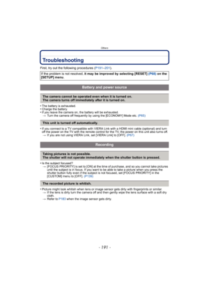 Page 191- 191 -
Others
Troubleshooting
First, try out the following procedures (P191–201).
•
The battery is exhausted.•Charge the battery.•If you leave the camera on,  the battery will be exhausted.
> Turn the camera off frequently by using the [ECONOMY] Mode etc.  (P65)
•If you connect to a TV compatible with VIERA Link with a HDMI mini cable (optional) and turn 
off the power on the TV with the remote control for the TV, the power on this unit also turns off. 
> If you are not using VIERA Link, set [VIERA...