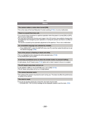 Page 200Others
- 200 -
•This is the noise of the Dust Reduction Function working (P183); it is not a malfunction.
•It is a sound of lens movement or aperture operation when the power is turned [ON] or [OFF], 
and it is not a malfunction.
•You may hear a sound from the lens and image in the LCD monitor may suddenly change when 
the brightness has changed by zoom operation or moving the camera, but there is no effect on 
recording.
The sound is caused by the automatic adjustment of the aperture. This is not a...