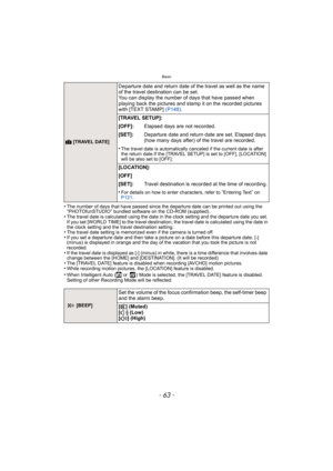 Page 63- 63 -
Basic
•The number of days that have passed since the departure date can be printed out using the 
“PHOTOfunSTUDIO” bundled software on the CD-ROM (supplied).
•The travel date is calculated using the date in the clock setting and the departure date you set. 
If you set [WORLD TIME] to the travel destination, the travel date is calculated using the date in 
the clock setting and the travel destination setting.
•The travel date setting is memorized even if the camera is turned off.•If you set a...