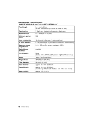 Page 48VQT3Q61 (ENG) 48
Interchangeable Lens (H-FS014042)
“LUMIX G VARIO 14 – 42 mm/F3.5 – 5.6 ASPH./MEGA O.I.S.”Focal length f=14 mm to 42 mm
(35 mm film camera equivalent: 28 mm to 84 mm)
Aperture type 7 diaphragm blades/circular aperture diaphragm
Aperture range F3.5 (Wide) to F5.6 (Tele)
Minimum aperture 
value F22
Lens construction 12 elements in 9 groups (1 aspherical lens)
In focus distance 0.3 m (0.99 feet) to ¶ (from the focus distance reference line)
Maximum image 
magnification 0.16
k (35 mm film...