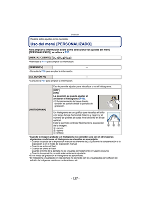 Page 137- 137 -
Grabación
Realice estos ajustes si los necesita.
Uso del menú [PERSONALIZADO]
Para ampliar la información sobre cómo seleccionar los ajustes del menú 
[PERSONALIZADO], se refiera a P57.
•
Remítase a  P114 para ampliar la información.
•Consulte la  P59 para ampliar la información.
•Consulte la  P97 para ampliar la información.
•Cuando la imagen grabada y el histograma no coinciden una con el otro bajo las 
siguientes condiciones, el histograma se visualiza en anaranjado.
–Cuando la ayuda de la...