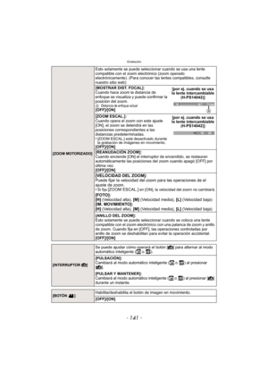 Page 141- 141 -
Grabación
[ZOOM MOTORIZADO]
Esto solamente se puede seleccionar cuando se usa una lente 
compatible con el zoom electrónico (zoom operado 
electrónicamente). (Para conocer las lentes compatibles, consulte 
nuestro sitio web)
[MOSTRAR DIST. FOCAL]:
Cuando hace zoom la distancia de 
enfoque se visualiza y puede confirmar la 
posición del zoom.
ADistancia de enfoque actual[OFF]/[ON][por ej. cuando se usa 
la lente intercambiable 
(H-PS14042)]
[ZOOM ESCAL.]:
Cuando opera el zoom con este ajuste...