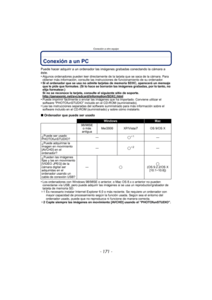 Page 171- 171 -
Conexión a otro equipo
Conexión a un PC
Puede hacer adquirir a un ordenador las imágenes grabadas conectando la cámara a 
éste.
•
Algunos ordenadores pueden leer directamente de  la tarjeta que se saca de la cámara. Para 
obtener más información, consulte las instrucciones de funcionamiento de su ordenador.
•Si el ordenador que se usa no admite tarjetas de memoria SDXC, aparecerá un mensaje 
que le pide que formatee. (Si lo hace se borrarán las imágenes grabadas, por lo tanto, no 
elija...