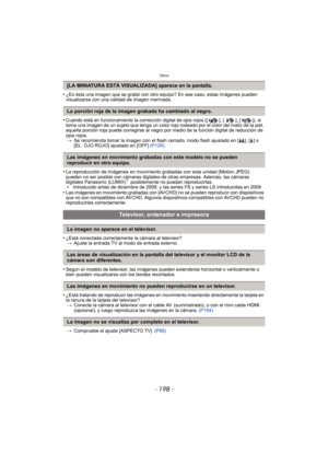 Page 198Otros
- 198 -
•¿Es ésta una imagen que se grabó con otro equipo? En ese caso, estas imágenes pueden 
visualizarse con una calidad de imagen mermada.
•Cuando está en funcionamiento la corrección digital de ojos rojos ([ ], [ ], [ ]), si 
toma una imagen de un sujeto que tenga un color rojo rodeado por el color del matiz de la piel, 
aquella porción roja puede corregirse al negro por medio de la función digital de reducción de 
ojos rojos.> Se recomienda tomar la imagen con el flash cerrado, modo flash...