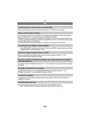 Page 200Otros
- 200 -
•Este es el ruido de la función de reducción de polvo (P183); esto no es una falla.
•Es el sonido del movimiento del objetivo o de  la operación de abertura cuando la cámara se 
pone en [ON] o [OFF], no se trata de un funcionamiento incorrecto.
•Puede que se oiga un sonido en el objetivo y la imagen en el monitor LCD podría cambiar de 
repente cuando el brillo cambia a causa de la operación del zoom o moviendo la cámara, pero 
no hay ningún efecto en la grabación.
El sonido procede del...