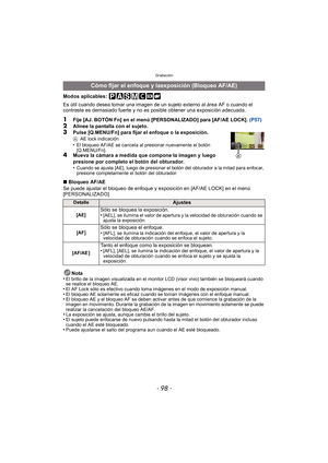 Page 98Grabación
- 98 -
Modos aplicables: 
Es útil cuando desea tomar una imagen de un sujeto externo al área AF o cuando el 
contraste es demasiado fuerte y no es posible obtener una exposición adecuada.
1Fije [AJ. BOTÓN Fn] en el menú [PERSONALIZADO] para [AF/AE LOCK]. (P57)2Alinee la pantalla con el sujeto.3Pulse [Q.MENU/Fn] para fijar el enfoque o la exposición.AAE lock indicación•El bloqueo AF/AE se cancela al presionar nuevamente el botón 
[Q.MENU/Fn].
4Mueva la cámara a medida que compone la imagen y...