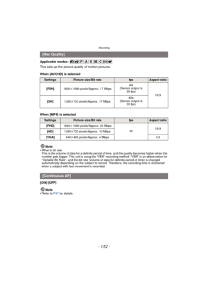 Page 152Recording
- 152 -
Applicable modes: 
This sets up the picture quality of motion pictures.
When [AVCHD] is selected
When [MP4] is selectedNote
•
What is bit rate
This is the volume of data for a definite period of time, and the quality becomes higher when the 
number gets bigger. This unit is using the “VBR” recording method. “VBR” is an abbreviation for 
“Variable Bit Rate”, and the bit rate (volume of data for definite period of time) is changed 
automatically depending on the subject to record....