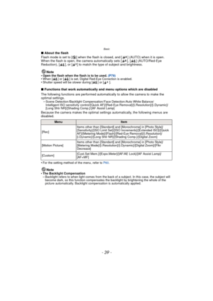 Page 39- 39 -
Basic
∫About the flash
Flash mode is set to [ Œ] when the flash is closed, and [ ] (AUTO) when it is open. 
When the flash is open, the camera automatically sets [ ], [ ] (AUTO/Red-Eye 
Reduction), [ ], or [ ] to match the type of subject and brightness.
Note
•
Open the flash when the flash is to be used.  (P79)•When [ ] or [ ] is set, Digital Red-Eye Correction is enabled.•Shutter speed will be slower during [ ] or [ ].
∫Functions that work automatically and menu options which are disabled
The...