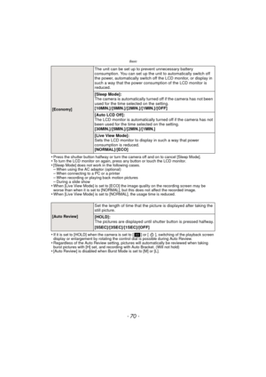 Page 70Basic
- 70 -
•Press the shutter button halfway or turn the camera off and on to cancel [Sleep Mode].•To turn the LCD monitor on again, press any button or touch the LCD monitor.•[Sleep Mode] does not work in the following cases.–When using the AC adaptor (optional)–When connecting to a PC or a printer–When recording or playing back motion pictures–During a slide show•When [Live View Mode] is set to [ECO] the image quality on the recording screen may be 
worse than when it is set to [NORMAL], but this...