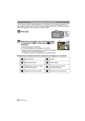 Page 30VQT4F82 (SPA) 30
Los formatos de archivo de las imágenes en movimiento que se pueden reproducir en 
esta unidad se graban en AVCHD en una cámara  digital Panasonic (LUMIX) (excluyendo 
AVCHD Progressive), MP4 y QuickTime Motion JPEG.
Pulse [ (].
Seleccione una imagen con un icono de imagen 
en movimiento ([ ] ) y luego toque [ ] para 
reproducir.
A Icono de imagen en movimiento
B Tiempo de grabación de la imagen en movimiento
•Después de iniciar la reproducción, se visualiza en la pantalla 
el tiempo...