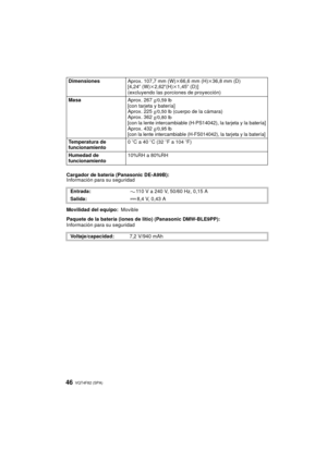 Page 46VQT4F82 (SPA) 46
Cargador de batería (Panasonic DE-A99B):
Información para su seguridad
Paquete de la batería (iones de litio) (Panasonic DMW-BLE9PP):
Información para su seguridadDimensiones
Aprox. 107,7 mm (W)k66,6 mm (H) k36,8 mm (D)
[4,24 q (W)k2,62 q(H)k1,45q (D)]
(excluyendo las porciones de proyección)
Masa Aprox. 267g
/0,59 lb[con tarjeta y batería]
Aprox. 225g/0,50 lb (cuerpo de la cámara)
Aprox. 362 g/0,80 lb[con la lente intercambiable (H-PS14042), la tarjeta y la batería]Aprox. 432g/0,95...