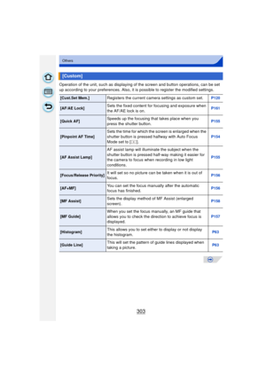 Page 303303
Others
Operation of the unit, such as displaying of the screen and button operations, can be set 
up according to your preferences. Also, it is possible to register the modified settings.
[Custom]
[Cust.Set Mem.]Registers the current camera settings as custom set.P120
[AF/AE Lock]Sets the fixed content for focusing and exposure when 
the AF/AE lock is on.P161
[Quick AF]Speeds up the focusing that takes place when you 
press the shutter button.P155
[Pinpoint AF Time]Sets the time for which the screen...