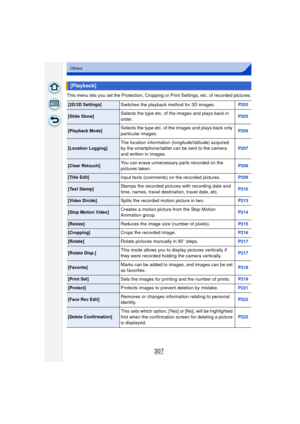 Page 307307
Others
This menu lets you set the Protection, Cropping or Print Settings, etc. of recorded pictures.
[Playback]
[2D/3D Settings]Switches the playback method for 3D images.P203
[Slide Show]Selects the type etc. of the images and plays back in 
order.P203
[Playback Mode]Selects the type etc. of the images and plays back only 
particular images.P206
[Location Logging]The location information (longitude/latitude) acquired 
by the smartphone/tablet can be sent to the camera 
and written in images.P207...