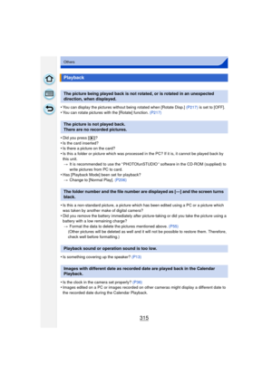 Page 315315
Others
•You can display the pictures without being rotated when [Rotate Disp.] (P217) is set to [OFF].•You can rotate pictures with the [Rotate] function.  (P217)
•Did you press [(]?
•Is the card inserted?•Is there a picture on the card?•Is this a folder or picture which was processed in the PC? If it is, it cannot be played back by 
this unit.
> It is recommended to use the “ PHOTOfunSTUDIO ” software in the CD-ROM (supplied) to 
write pictures from PC to card.
•Has [Playback Mode] been set for...