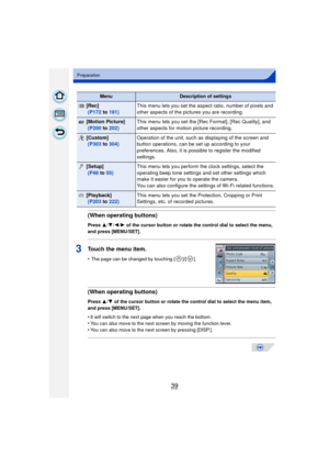 Page 3939
Preparation
MenuDescription of settings
[Rec]
 (P172 to  191) This menu lets you set the aspect ratio, number of pixels and 
other aspects of the pict
ures you are recording.
[Motion Picture]
 (P200 to  202) This menu lets you set the [Rec Format], [Rec Quality], and 
other aspects for motion picture recording.
[Custom]
 
(P303 to  304) Operation of the unit, such as displaying of the screen and 
button operations, can be set up according to your 
preferences. Also, it is possible to register the...