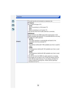 Page 5252
Preparation
[Output]
This sets how the unit connects to a television etc.
[TV Aspect]:
Set to match the type of TV.[16:9]:
When connecting to a 16:9 screen TV.
[4:3]:
When connecting to a 4:3 screen TV.
•
This will work when the AV cable (optional) is connected.
[HDMI Mode]:
Set the format for the HDMI output when playing back on the 
HDMI compatible high-definition TV connected with this unit using 
the HDMI mini cable (optional). [AUTO]:
The output resolution is automatically set based on the...