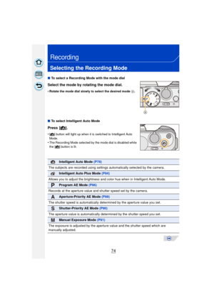 Page 7474
Recording
Selecting the Recording Mode
∫To select a Recording Mode with the mode dial
Select the mode by rotating the mode dial.
•Rotate the mode dial slowly to select the desired mode  A.
∫ To select Intelligent Auto Mode
Press [¦ ].
•[¦] button will light up when it is switched to Intelligent Auto 
Mode.
•The Recording Mode selected by the mode dial is disabled while 
the [¦] button is lit.
Intelligent Auto Mode  (P78)
The subjects are recorded using settings  automatically selected by the camera....