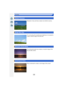Page 102102
Recording
[Distinct Scenery]
Saturation of sky and trees creates more distinct scenery.
[Bright Blue Sky]
On a sunny day, the overall screen brightness is increased to 
create a vibrant image of the blue sky.
[Romantic Sunset Glow]
The enhanced purple tone creates a romantic image of the 
sky just after sunset.
[Vivid Sunset Glow]
Red is enhanced to create a vivid image of the sunset. 