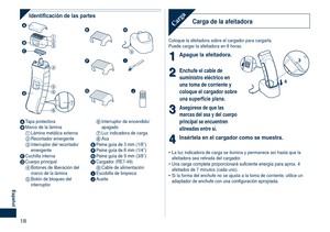 Page 18
18
Español

Identificación de las partes
















A Tapa protectoraB Marco de la lámina1 Lámina metálica externa2 Recortador emergente3 Interruptor del recortador emergenteC Cuchilla internaD Cuerpo principal4 Botones de liberación del marco de la lámina5 Botón de bloqueo del interruptor
6 Interruptor de encendido/apagado7 Luz indicadora de carga8 AsaE Peine guía de 3 mm (1/8˝)F Peine guía de 6 mm (1/4˝)G Peine guía de 9 mm (3/8˝)H Cargador (RE7-49)9 Cable de alimentaciónI...