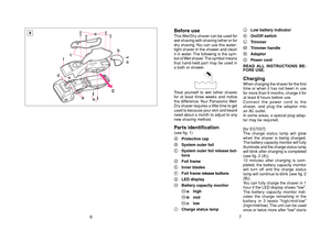 Page 47
Before useThis Wet/Dry shaver can be used for
wet shaving with shaving lather or for
dry shaving. You can use this water-
tight shaver in the shower and clean
it in water. The following is the sym-
bol of Wet shaver. The symbol means
that hand-held part may be used in
a bath or shower.Treat yourself to wet lather shaves
for at least three weeks and notice
the difference. Your Panasonic Wet/
Dry shaver requires a little time to get
used to because your skin and beard
need about a month to adjust to any...