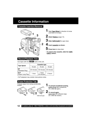 Page 1212For assistance, please call : 1-800-211-PANA(7262) or, contact us via the web at:http://www.panasonic.com/contactinfo
Cassette Information
1Turn Tape Wheel in direction of arrow
until there is no slack.
2Attach Battery (page 10).
3Slide TAPE EJECT to open door.
4Insert cassette as shown.
5Press here to close door.
1
2 3
4
• To remove the cassette, slide the TAPEEJECT switch.
5
1To prevent accidental erasing,break off tab with screwdriver.
(Or, slide tab open.)
2To record again,
cover hole with adhesive...