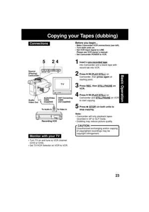 Page 2323
Basic Operation
Before you begin...•Make Camcorder-VCR connections (see left).
•Turn both units on.
•Set VCR input signal to LINE.
Please see VCR owner’s manual.
•Set Camcorder POWER to VCR.
1Insert a pre-recorded tape
into Camcorder and a blank tape with
record tab into VCR.
2Press  (PLAY/STILL) on
Camcorder, then press again at
starting point.
3Press REC, then STILL/PAUSE on
VCR.
4Press  (PLAY/STILL) on
Camcorder and 
STILL/PAUSE on VCR
to start copying.
5Press  (STOP) on both units to
stop...