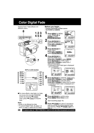 Page 2828For assistance, please call : 1-800-211-PANA(7262) or, contact us via the web at:http://www.panasonic.com/contactinfo
For more effects, stop fade in or fade
out at any time (except RANDOM
mode) by pressing 
 (FADE).
Then, press 
 (FADE) to resume
fade.
Before you begin...
•Connect Camcorder to power source.
•Set POWER to CAMERA.
Color Digital Fade
Choose from 7 fade effects in 8
different colors.
Note:
• Audio is not affected by fade.
• To cancel Digital Fade, do steps 1-3
and 6. In step 3, select...