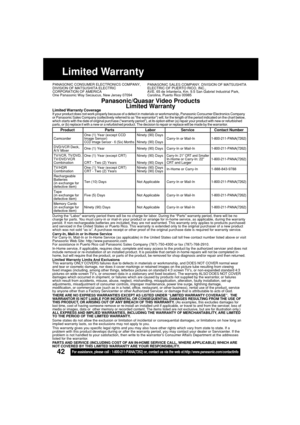 Page 4242For assistance, please call : 1-800-211-PANA(7262) or, contact us via the web at:http://www.panasonic.com/contactinfo
Limited Warranty
PANASONIC CONSUMER ELECTRONICS COMPANY,
DIVISION OF MATSUSHITA ELECTRIC
CORPORATION OF AMERICA
One Panasonic Way Secaucus, New Jersey 07094PANASONIC SALES COMPANY, DIVISION OF MATSUSHITA
ELECTRIC OF PUERTO RICO, INC.,
AVE. 65 de Infantería, Km. 9.5 San Gabriel Industrial Park,
Carolina, Puerto Rico 00985
Panasonic/Quasar Video Products
Limited Warranty
Limited Warranty...