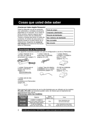 Page 462Para solicitar ayuda, por favor llame al: 1-800-211-PANA(7262) o consúltenos a través de página web en:http: //www.panasonic.com/contactinfo
Cosas que usted debe saber
Los siguientes accesorios incluidos son para la configuración o uso de su Palmcorder.
Desembalaje de la Palmcorder
¡Gracias por haber elegido Panasonic!
Usted ha adquirido uno de los productos
más sofisticados y confiables actualmente
disponibles en el mercado. Si es usado en
forma correcta, estamos seguros que le
brindará muchos años de...