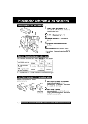 Page 5612Para solicitar ayuda, por favor llame al: 1-800-211-PANA(7262) o consúltenos a través de página web en:http: //www.panasonic.com/contactinfo
• La reproducción SLP puede contener más ruidos de imagen. SLP (reproducción
de larga duración)
SP (reproducción
normal)
Tipo de cassetteVelocidad de la cintaTC-20
20 minutos
1 hora30 minutosTC-30 TC-40
40 minutos
1 hora
30 minutos2 horas
Use cassettes provistas de la marca  en esta unidad.
1Para evitar borrados accidentales,
desprenda la lengüeta con un...