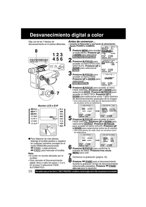 Page 7228Para solicitar ayuda, por favor llame al: 1-800-211-PANA(7262) o consúltenos a través de página web en:http: //www.panasonic.com/contactinfo
Desvanecimiento digital a color
Elija uno de los 7 efectos de
desvanecimiento en 8 colores diferentes.Antes de comenzar...•Conecte la Palmcorder a una fuente de alimentación.•Ajuste POWER a CAMERA.
Para disponer de más efectos,
detenga el fundido positivo o negativo
en cualquier momento (excepto en el
modo RANDOM) presionando
 (FADE). Luego presione (FADE) para...