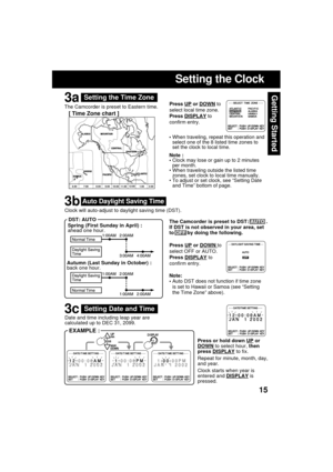 Page 1515
Getting Started
Date and time including leap year are
calculated up to DEC 31, 2099.
Spring (First Sunday in April) :
ahead one hour.
Autumn (Last Sunday in October) :
back one hour. Clock will auto-adjust to daylight saving time (DST).
ATLANTICATLANTIC
EASTERNEASTERNCENTRALCENTRAL
MOUNTAINMOUNTAIN
PACIFICPACIFIC
ALASKAALASKA
HAWAIIHAWAIISAMOASAMOA
11:00
10:00 7:00 8:00 9:00 2:0012:00
6:00 1:00
Setting the Time Zone
When traveling, repeat this operation and
select one of the 8 listed time zones to...