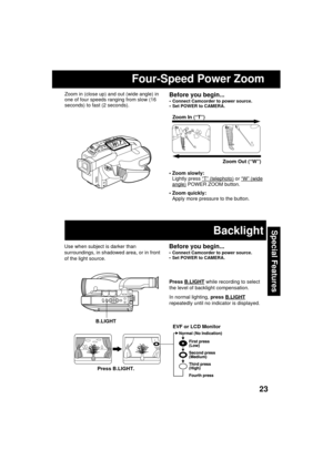 Page 2323
Special Features
Four-Speed Power Zoom
 Zoom slowly:
Lightly press “T” (telephoto) or “W” (wide
angle) POWER ZOOM button.
 Zoom quickly:
Apply more pressure to the button.Zoom In (“T”)
Zoom Out (“W”) T
W
Before you begin...
 Connect Camcorder to power source.
 Set POWER to CAMERA.
Zoom in (close up) and out (wide angle) in
one of four speeds ranging from slow (16
seconds) to fast (2 seconds).
Use when subject is darker than
surroundings, in shadowed area, or in front
of the light source.Before you...