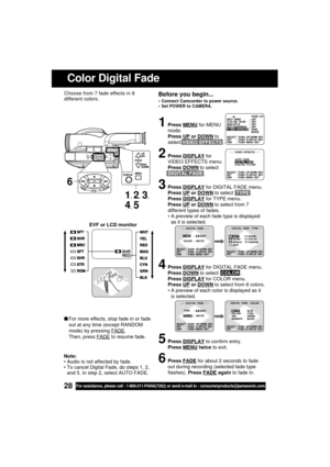 Page 2828For assistance, please call : 1-800-211-PANA(7262) or send e-mail to : consumerproducts@panasonic.com
For more effects, stop fade in or fade
out at any time (except RANDOM
mode) by pressing 
FADE.
Then, press 
FADE to resume fade.
Before you begin...
 Connect Camcorder to power source.
 Set POWER to CAMERA.
Color Digital Fade
Choose from 7 fade effects in 8
different colors.
Note:
 Audio is not affected by fade.
 To cancel Digital Fade, do steps 1, 2,
and 5. In step 2, select AUTO FADE.
1Press...