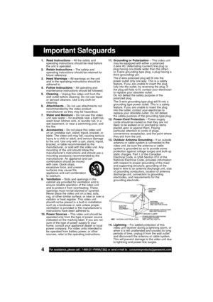Page 44For assistance, please call : 1-800-211-PANA(7262) or send e-mail to : consumerproducts@panasonic.com
1. Read Instructions – All the safety and
operating instructions should be read before
the unit is operated.
2. Retain Instructions – The safety and
operating instructions should be retained for
future reference.
3. Heed Warnings – All warnings on the unit
and in the operating instructions should be
adhered to.
4. Follow Instructions – All operating and
maintenance instructions should be followed.
5....