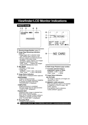 Page 4848For assistance, please call : 1-800-211-PANA(7262) or send e-mail to : consumerproducts@panasonic.com
Viewfinder/LCD Monitor Indications
PHOTO mode
1Directory/Image Number (page 37)
2Image Page Remaining Indication
(page 35)
 Image pages left in selected mode.
“000” flashes when memory is full.
 Memory capacity provided all pictures
are taken in the same mode:
“NORMAL” modeApprox 210 images
(Supplied 8 MB Memory Card)
“FINE” modeApprox 60 images
(Supplied 8 MB Memory Card)
3REC MODE
 NORMAL or...