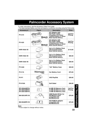 Page 5151
For Your Information
Palmcorder Accessory System
To order instructions, see the Accessory Order Form page.
 The listed standard battery use times are based on continuous recording using this Palmcorder.
Accessory # Figure Description Price
AC Adaptor with
DC Power Cable Call For
PV-A19
(Charging of the NickelPricingCadmium Battery or Nickel
Metal Hydride Battery)
AC Adaptor with
DC Power Cable Call For
PV-A20
(Charging of the NickelPricingCadmium Battery or Nickel
Metal Hydride Battery)
Up to 6 hr...