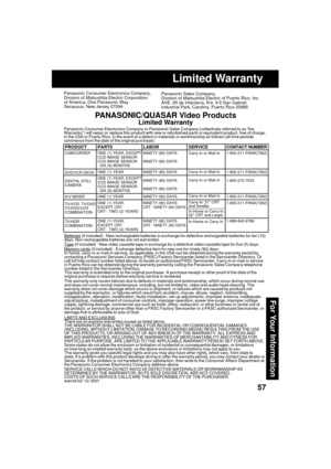 Page 5757
For Your Information
Limited Warranty
Panasonic Consumer Electronics Company,
Division of Matsushita Electric Corporation
of America, One Panasonic Way
Secaucus, New Jersey 07094Panasonic Sales Company,
Division of Matsushita Electric of Puerto Rico, Inc.
AVE. 65 de Infantería, Km. 9.5 San Gabriel
Industrial Park, Carolina, Puerto Rico 00985
PANASONIC/QUASAR Video Products
Limited Warranty
Panasonic Consumer Electronics Company or Panasonic Sales Company (collectively referred to as “the
Warrantor”)...