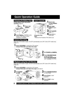 Page 88For assistance, please call : 1-800-211-PANA(7262) or send e-mail to : consumerproducts@panasonic.com
Quick Operation Guide
When the LCD monitor is open, the EVF automatically turns OFF (Color EVF model only)
(page 20).
1Press LCD-OPEN to unlock the LCD monitor.
Swing it fully open and adjust the angle.
2Set POWER to CAMERA.
3Press RECORD/PAUSE
to start recording.
Press RECORD/PAUSE
again to pause recording. When the LCD monitor is open, the EVF automatically turns OFF (Color EVF model only)
(page 17)....