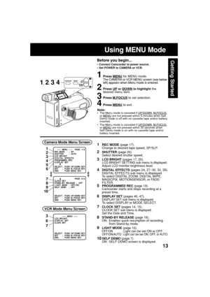 Page 1313
Getting Started
Using MENU Mode
Before you begin...
•Connect Camcorder to power source.
•Set POWER to CAMERA or VCR.
1Press MENU for MENU mode.
The CAMERA or VCR MENU screen (see below
left) appears when Menu mode is entered.
2Press UP or DOWN to highlight the
desired menu item.
3Press M.FOCUS to set selection.
4Press MENU to exit.
Note:
•The Menu mode is canceled if UP/DOWN, M.FOCUS,
or MENU are not pressed within 5 minutes when Self
Demo mode is off with no cassette tape and/or battery
inserted....