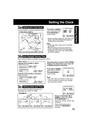 Page 1515
Getting Started
Date and time including leap year are
calculated up to DEC 31, 2099.
Spring (First Sunday in April) :
ahead one hour.
Autumn (Last Sunday in October) :
back one hour. Clock will auto-adjust to daylight saving time (DST).
Setting the Time Zone
•When traveling, repeat this operation and
select one of the 8 listed time zones to
set the clock to local time.
Press 
UP or DOWN to
select OFF or AUTO.
Press 
M.FOCUS to
confirm entry. Press 
UP or DOWN to
select local time zone.
Press 
M.FOCUS...