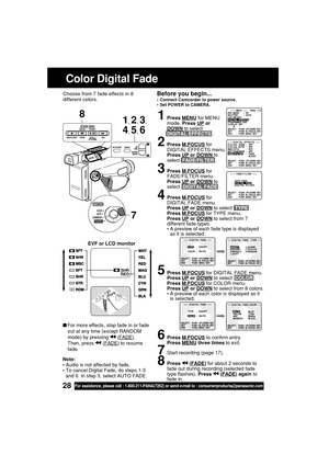 Page 2828For assistance, please call : 1-800-211-PANA(7262) or send e-mail to : consumerproducts@panasonic.com
For more effects, stop fade in or fade
out at any time (except RANDOM
mode) by pressing 
 (FADE).
Then, press 
 (FADE) to resume
fade.
Before you begin...
•Connect Camcorder to power source.
•Set POWER to CAMERA.
Color Digital Fade
Choose from 7 fade effects in 8
different colors.
Note:
• Audio is not affected by fade.
• To cancel Digital Fade, do steps 1-3
and 6. In step 3, select AUTO FADE.
1Press...