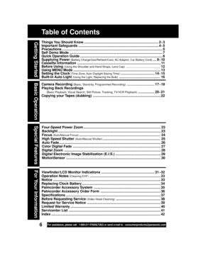 Page 66For assistance, please call : 1-800-211-PANA(7262) or send e-mail to : consumerproducts@panasonic.com
Table of Contents
Viewfinder/LCD Monitor Indications ....................................................... 31~32
Operation Notes 
(Cleaning EVF)......................................................................... 33
Notice ............................................................................................................... 33
Replacing Clock Battery...